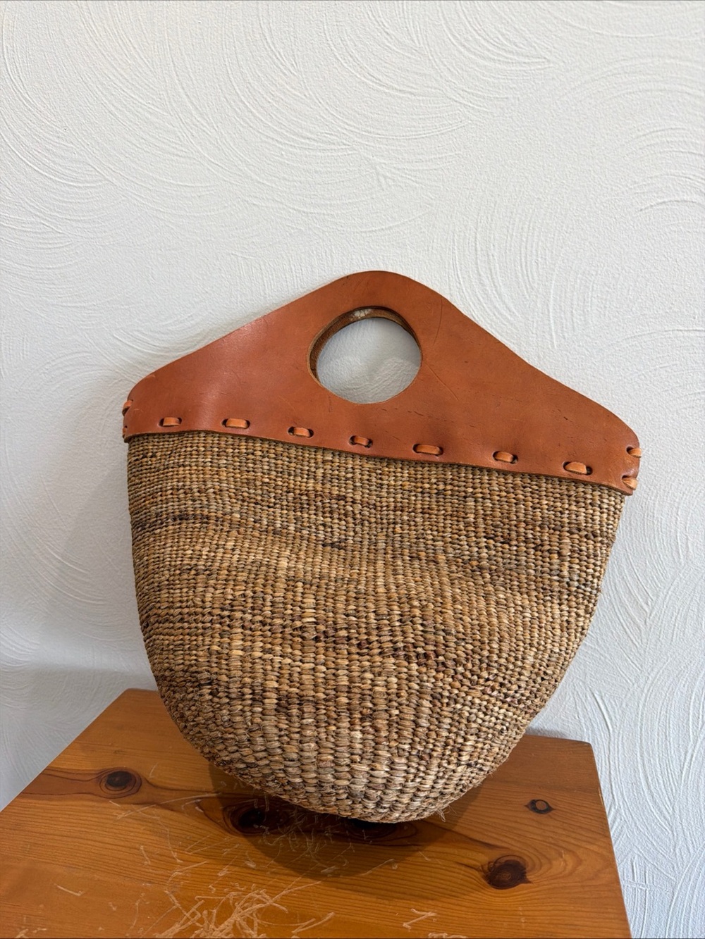 Woven Straw Tote with Tan Leather Handle - Picture 2 of 8